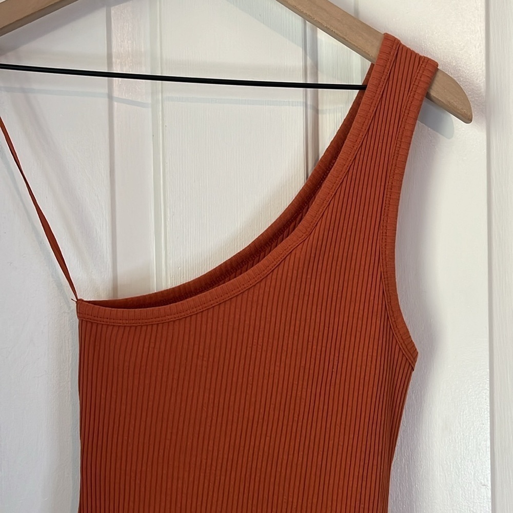 NWT Spell | One Shoulder Ribbed Cotton Mini Dress Burnt Orange Small Boho 70s - Picture 4 of 9